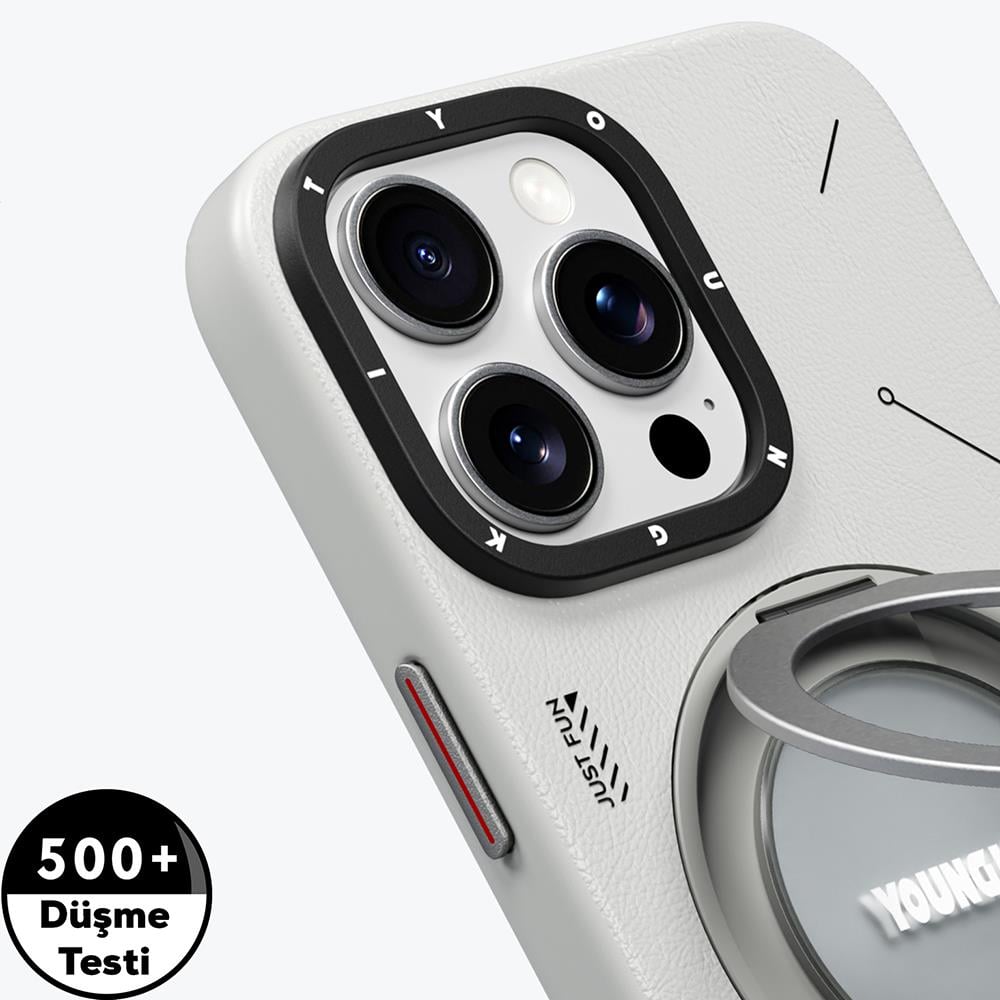 Apple iPhone 16 Pro Max Kılıf M-safe Şarj Özellikli 360° Standlı Basit Mat Deri Desenli Youngkit Tech Leather Serisi Kapak