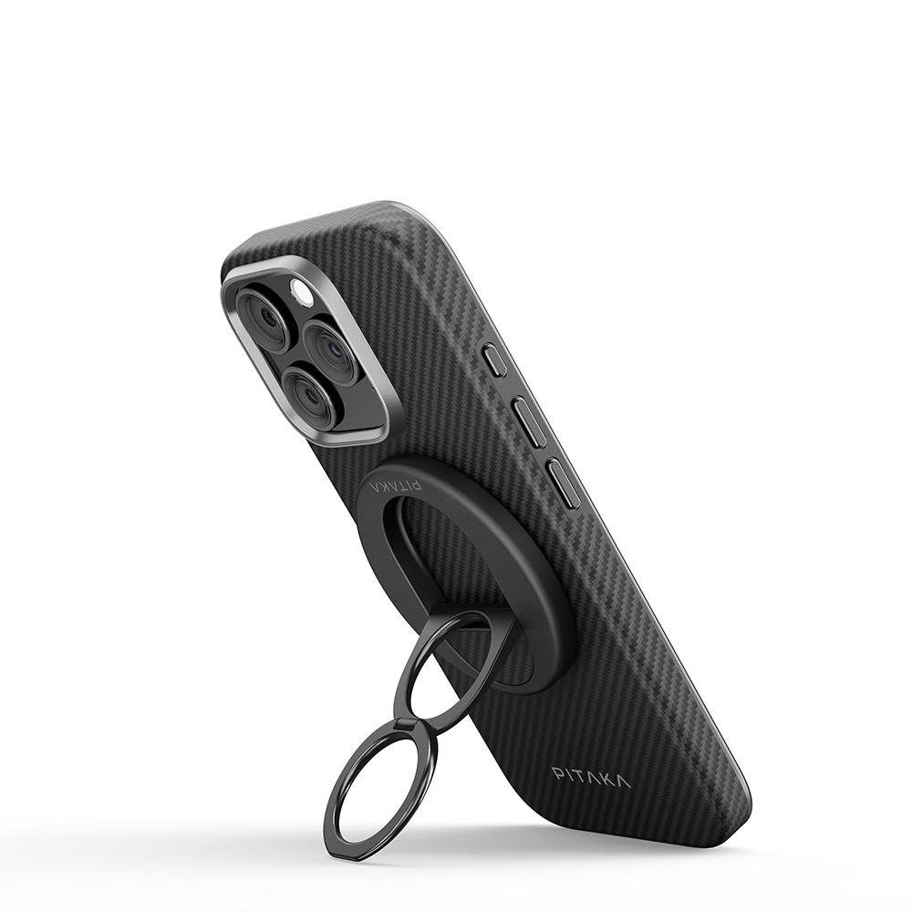 Apple iPhone 16 Pro Max Kılıf M-safe Şarj Özellikli Grip 3 Standlı Aramid Fiber Pitaka Military Grade Classic Serisi Black-Grey Twill Kapak