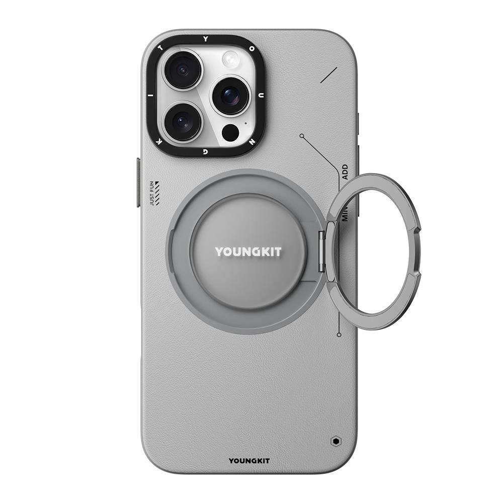Apple iPhone 16 Pro Max Kılıf M-safe Şarj Özellikli 360° Standlı Basit Mat Deri Desenli Youngkit Tech Leather Serisi Kapak