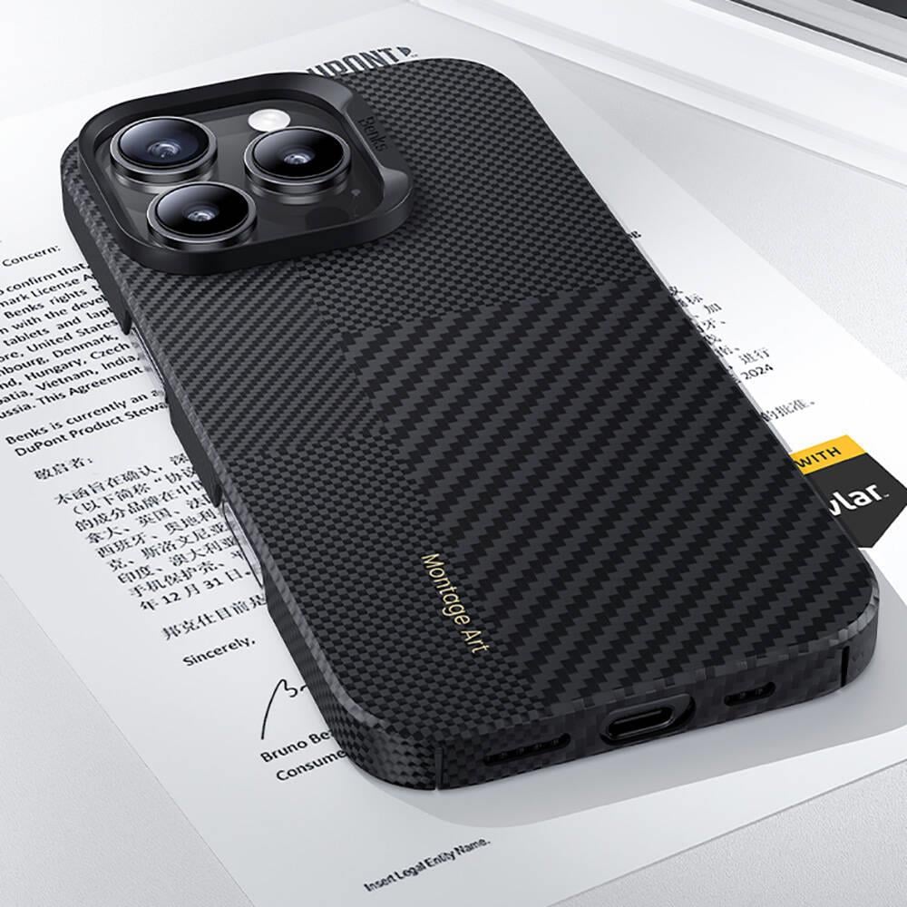 Apple iPhone 16 Pro Max Kılıf M-safe Şarj Özellikli Karbon Fiber Benks Montage ArmorAir Kevlar Kapak