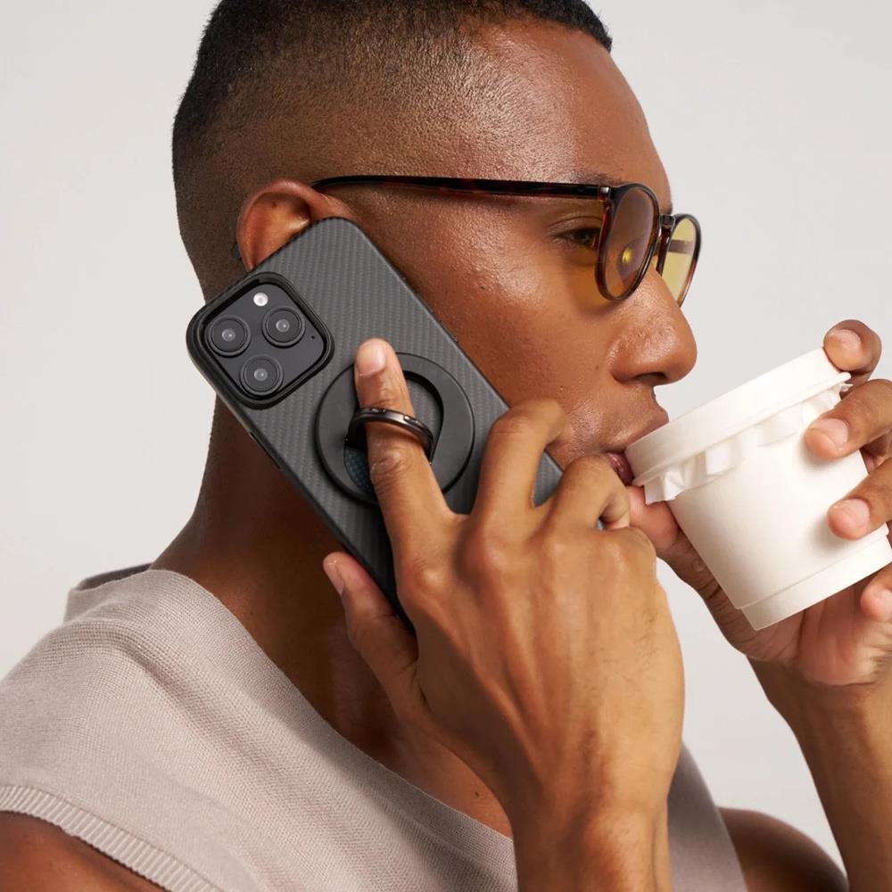 Apple iPhone 16 Pro Max Kılıf M-safe Şarj Özellikli Aramid Fiber Pitaka Military-Grade Classic Serisi Black-Grey Twill Kapak