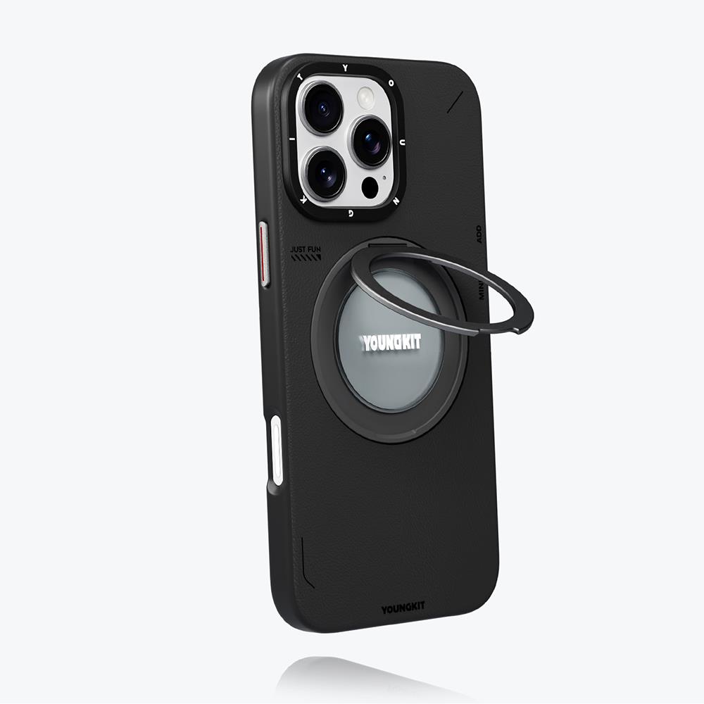 Apple iPhone 16 Pro Max Kılıf M-safe Şarj Özellikli 360° Standlı Basit Mat Deri Desenli Youngkit Tech Leather Serisi Kapak
