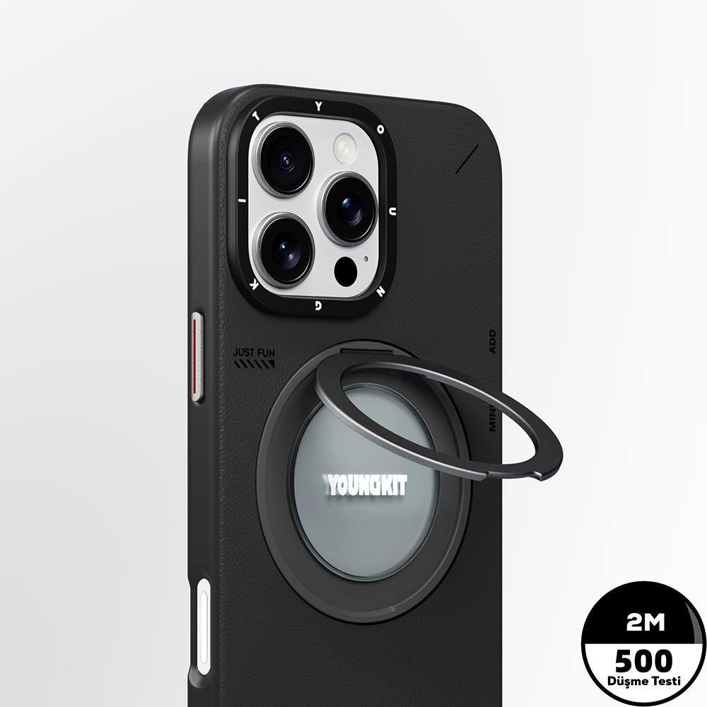 Apple iPhone 16 Pro Max Kılıf M-safe Şarj Özellikli 360° Standlı Basit Mat Deri Desenli Youngkit Tech Leather Serisi Kapak