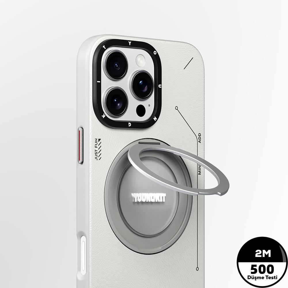 Apple iPhone 16 Pro Max Kılıf M-safe Şarj Özellikli 360° Standlı Basit Mat Deri Desenli Youngkit Tech Leather Serisi Kapak