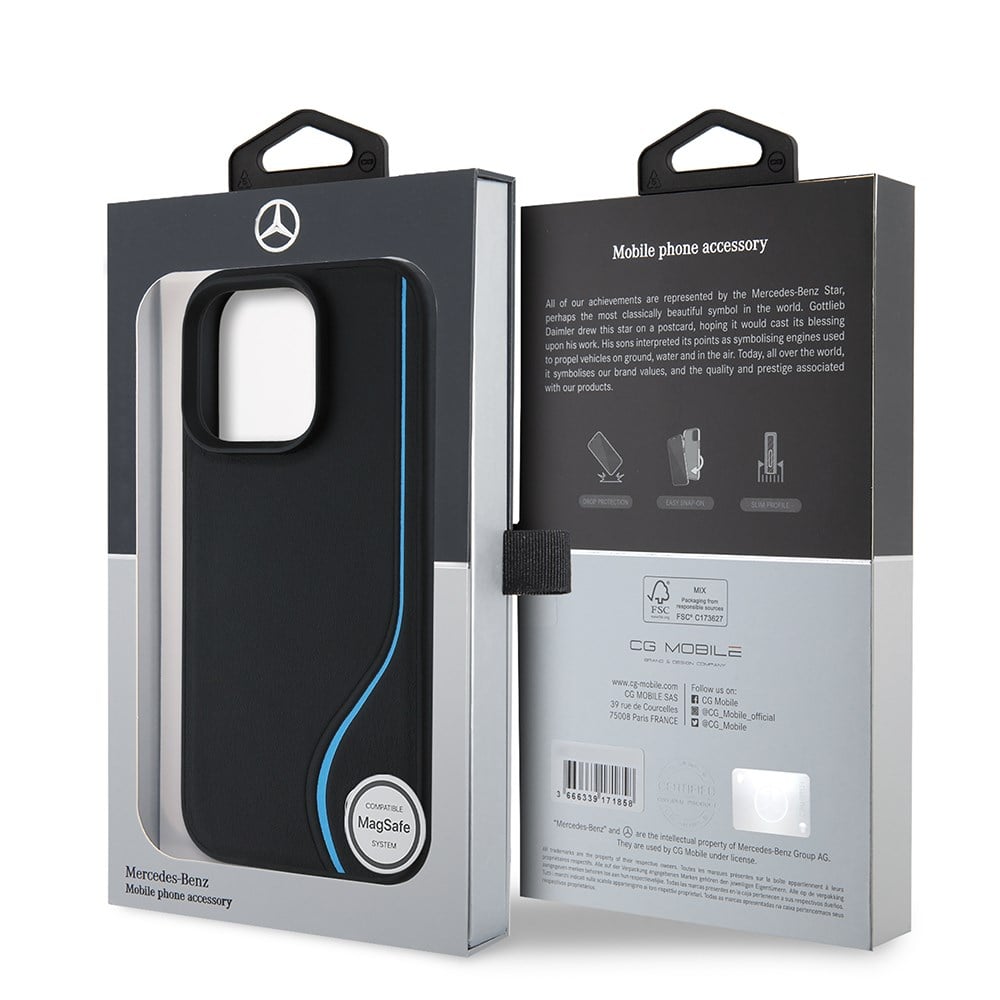 Apple iPhone 16 Pro Max Kılıf Mercedes Benz Orjinal Lisanslı M-safe Şarj Özellikli 3D Metal Logolu Mavi Dikey Eğri Çizgili Deri Kapak