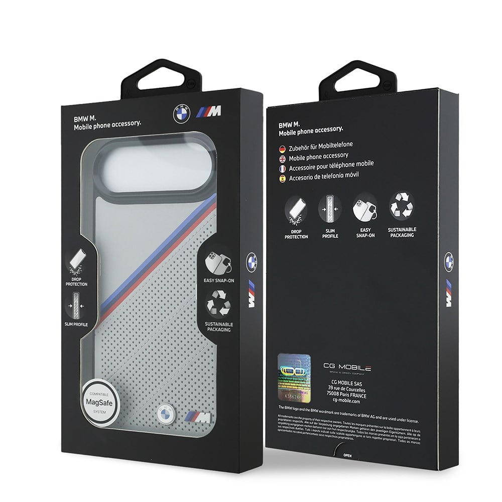 Apple iPhone 17 Air Kılıf BMW Orjinal Lisanslı M-safe Şarj Özellikli M Logolu Üç Şeritli Delikli Deri Kapak