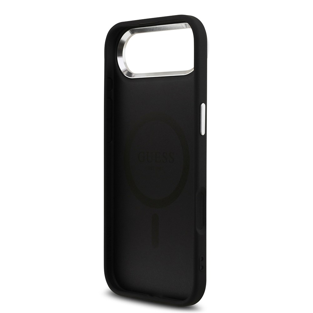 Apple iPhone 17 Air Kılıf Guess Orjinal Lisanslı M-safe Şarj Özellikli Gümüş Metal Kamera Çerçeveli Üçgen Logo 4G Desenli Kapak