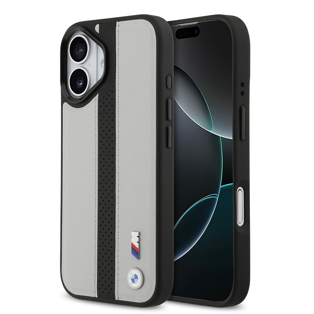 Apple iPhone 17 Kılıf BMW Orjinal Lisanslı M-safe Şarj Özellikli Deri Arka Yüzey Metal Logolu Delikli Şerit Tasarımlı Kapak