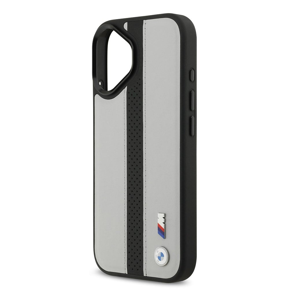 Apple iPhone 17 Kılıf BMW Orjinal Lisanslı M-safe Şarj Özellikli Deri Arka Yüzey Metal Logolu Delikli Şerit Tasarımlı Kapak