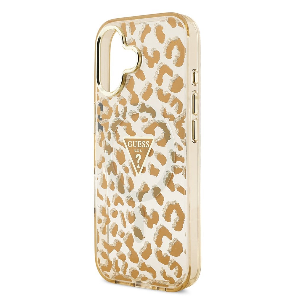 Apple iPhone 17 Kılıf Guess Orjinal Lisanslı M-safe Şarj Özellikli Üçgen Logolu Simli Leopar Desenli Kapak