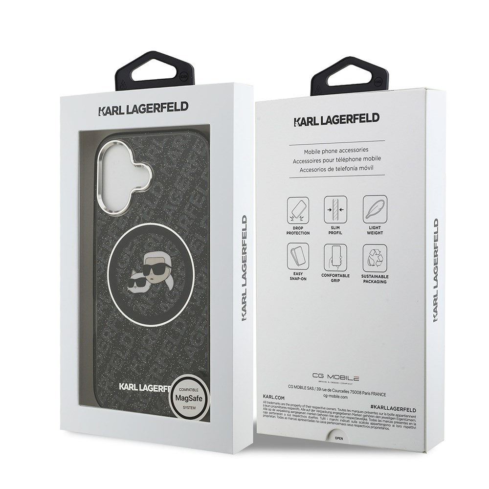 Apple iPhone 17 Kılıf Karl Lagerfeld Orjinal Lisanslı Parlayan Simli Karl & Choupette Heads Kapak