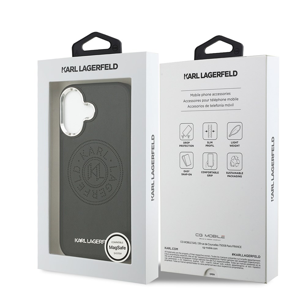 Apple iPhone 17 Kılıf Karl Lagerfeld Orjinal Lisanslı M-safe Şarj Özellikli Delikli Tasarım Metal Logolu PU Deri Kapak