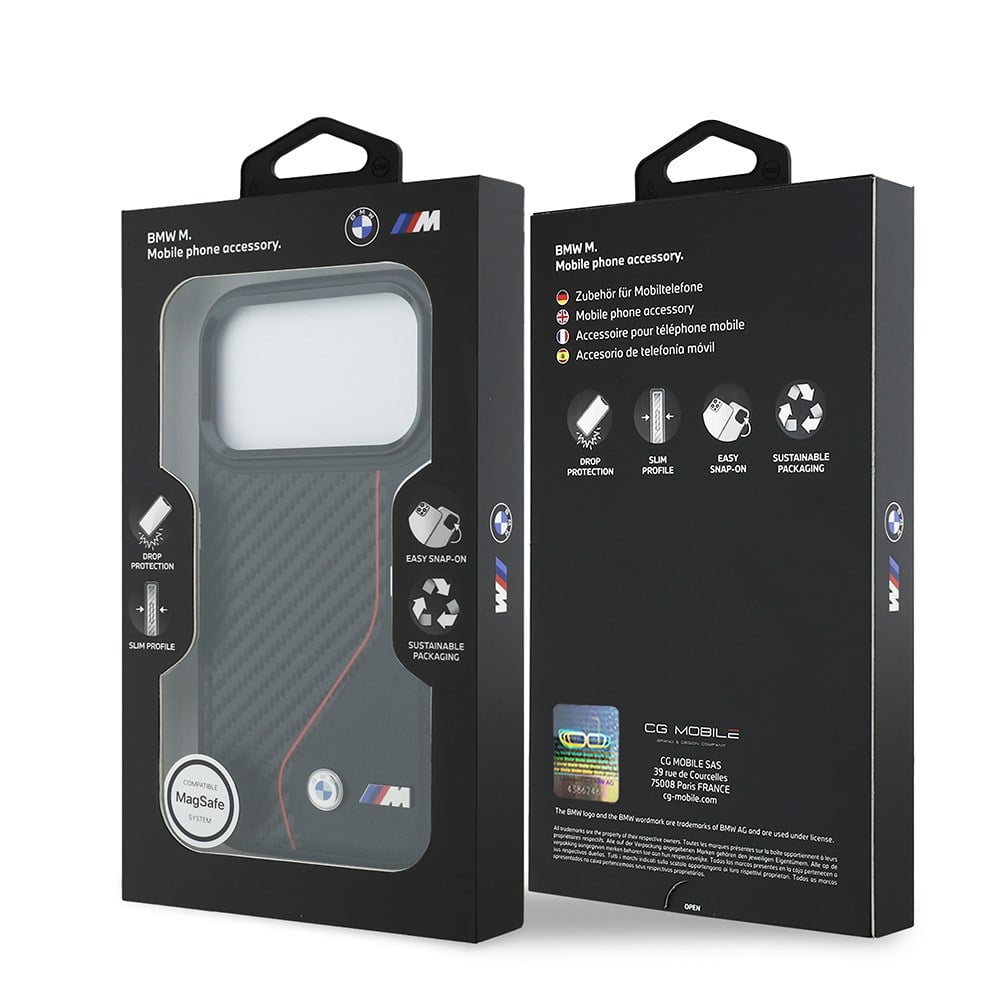 Apple iPhone 17 Pro Kılıf BMW Orjinal Lisanslı M-safe Şarj Özellikli Metal BMW ve M Logolu PU Karbon Tasarımlı Kapak