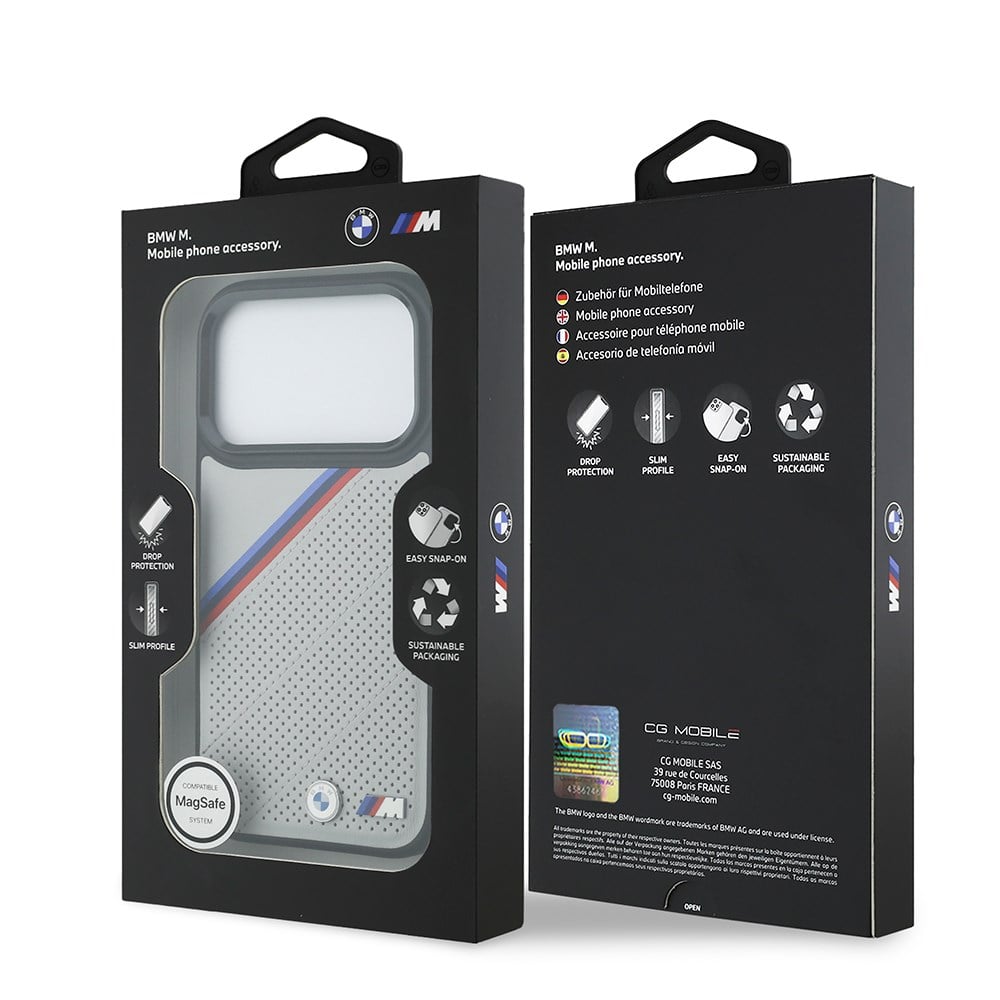 Apple iPhone 17 Pro Kılıf BMW Orjinal Lisanslı M-safe Şarj Özellikli M Logolu Üç Şeritli Delikli Deri Kapak
