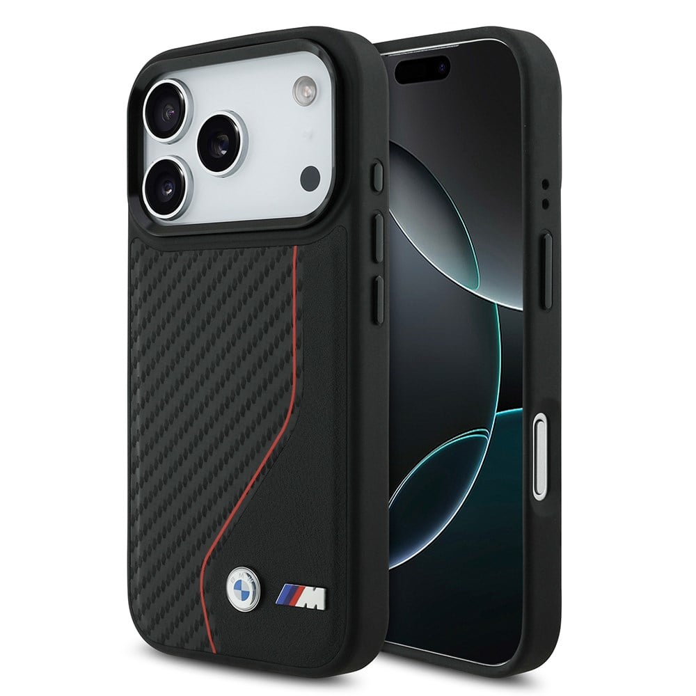 Apple iPhone 17 Pro Kılıf BMW Orjinal Lisanslı M-safe Şarj Özellikli Metal BMW ve M Logolu PU Karbon Tasarımlı Kapak