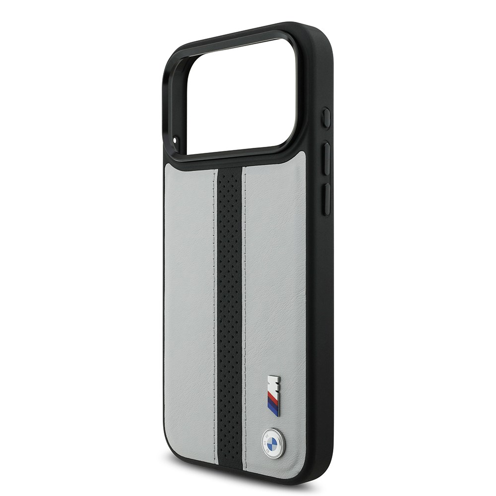 Apple iPhone 17 Pro Kılıf BMW Orjinal Lisanslı M-safe Şarj Özellikli Deri Arka Yüzey Metal Logolu Delikli Şerit Tasarımlı Kapak