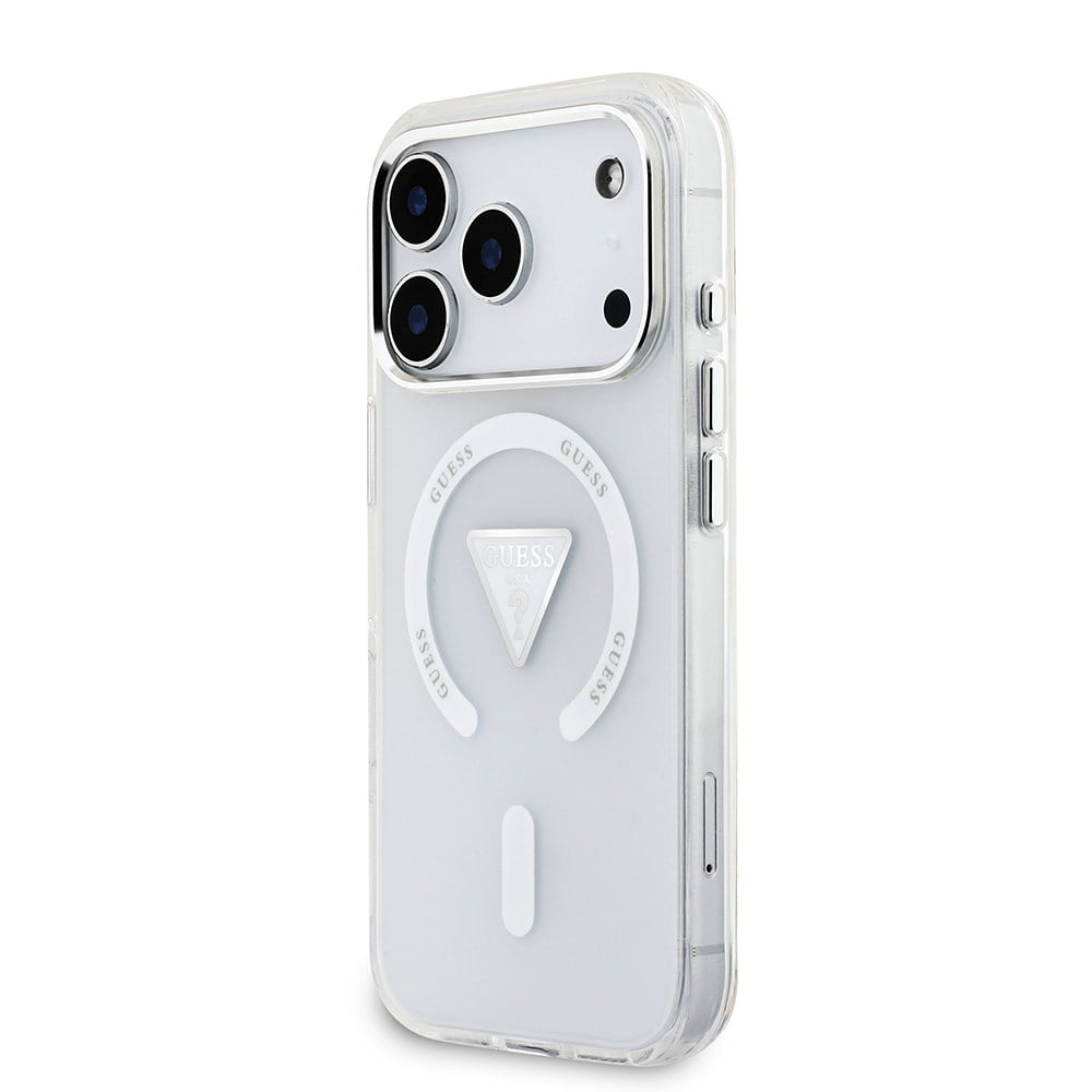 Apple iPhone 17 Pro Kılıf Guess Orjinal Lisanslı M-safe Şarj Özellikli IML Baskılı Üçgen Logolu Metal Kamera Çerçeveli Kapak