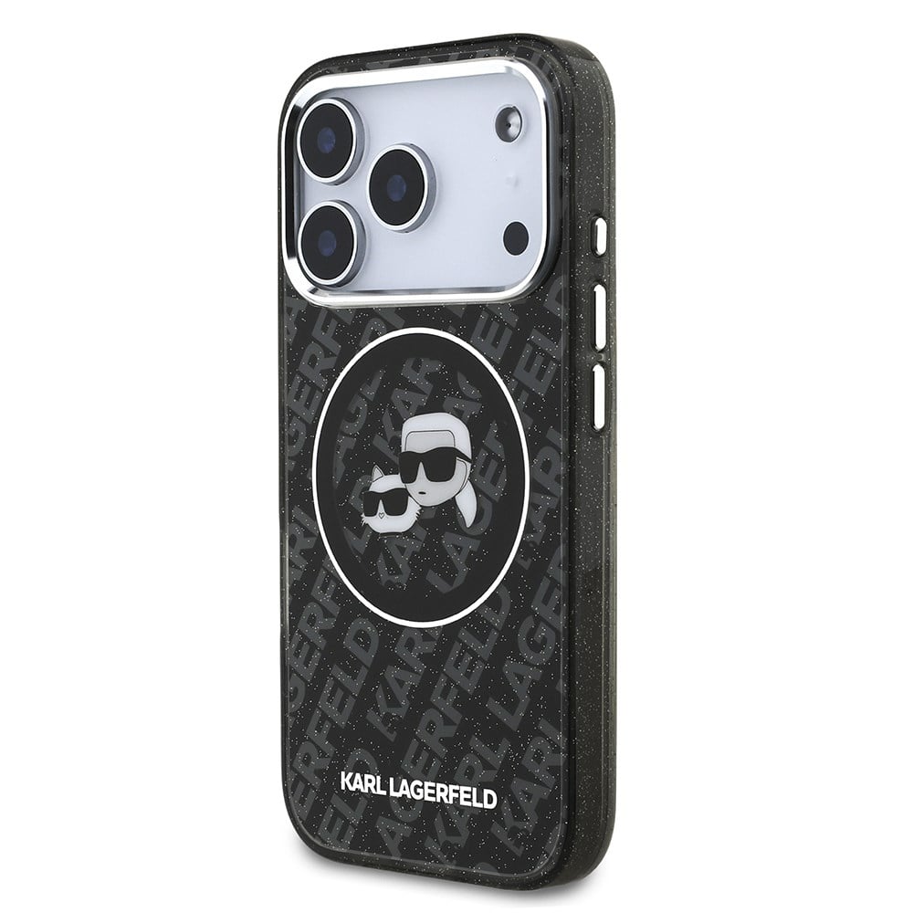 Apple iPhone 17 Pro Kılıf Karl Lagerfeld Orjinal Lisanslı Parlayan Simli Karl & Choupette Heads Kapak