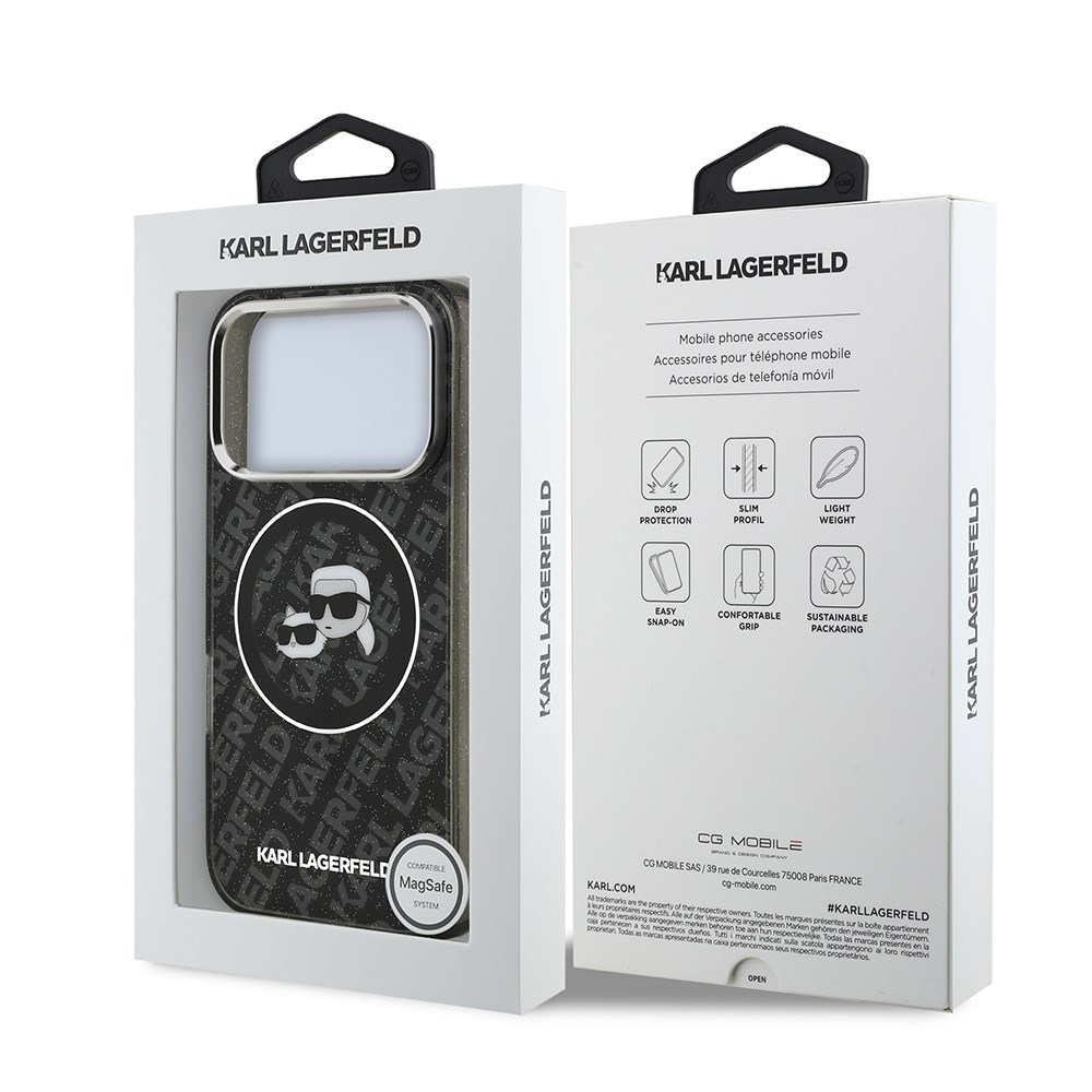 Apple iPhone 17 Pro Kılıf Karl Lagerfeld Orjinal Lisanslı Parlayan Simli Karl & Choupette Heads Kapak