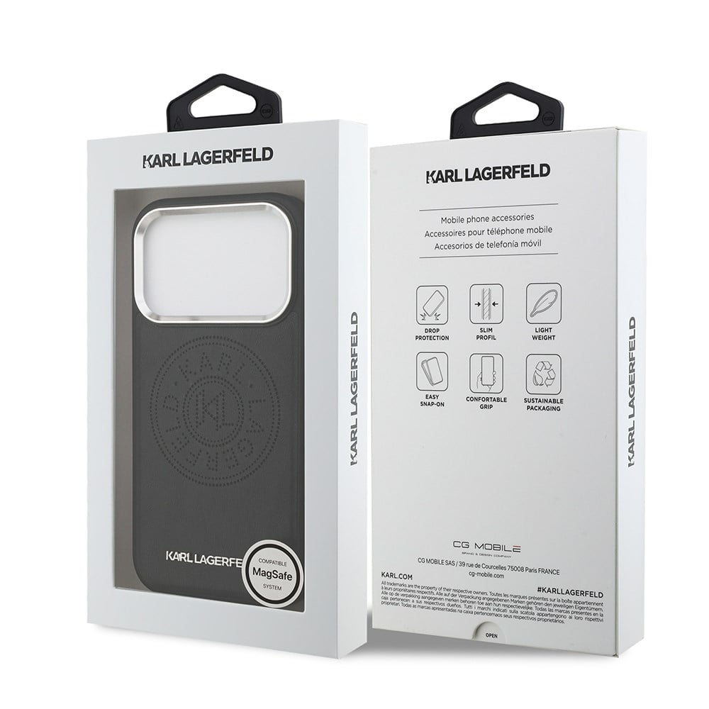 Apple iPhone 17 Pro Kılıf Karl Lagerfeld Orjinal Lisanslı M-safe Şarj Özellikli Delikli Tasarım Metal Logolu PU Deri Kapak