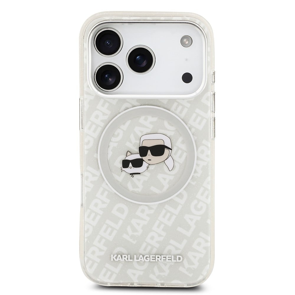 Apple iPhone 17 Pro Kılıf Karl Lagerfeld Orjinal Lisanslı Parlayan Simli Karl & Choupette Heads Kapak