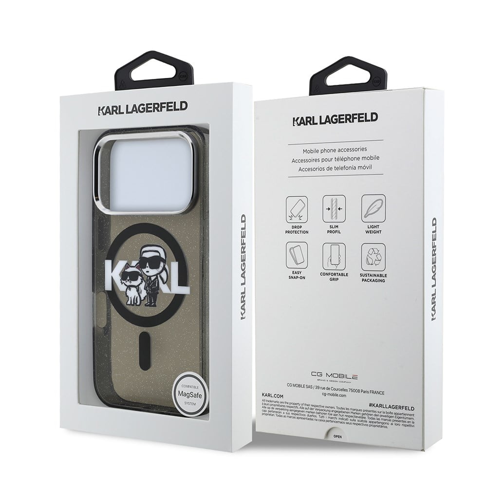 Apple iPhone 17 Pro Kılıf Karl Lagerfeld Orjinal Lisanslı Parlayan Simli Karl & Choupette Sketch Logo Kapak