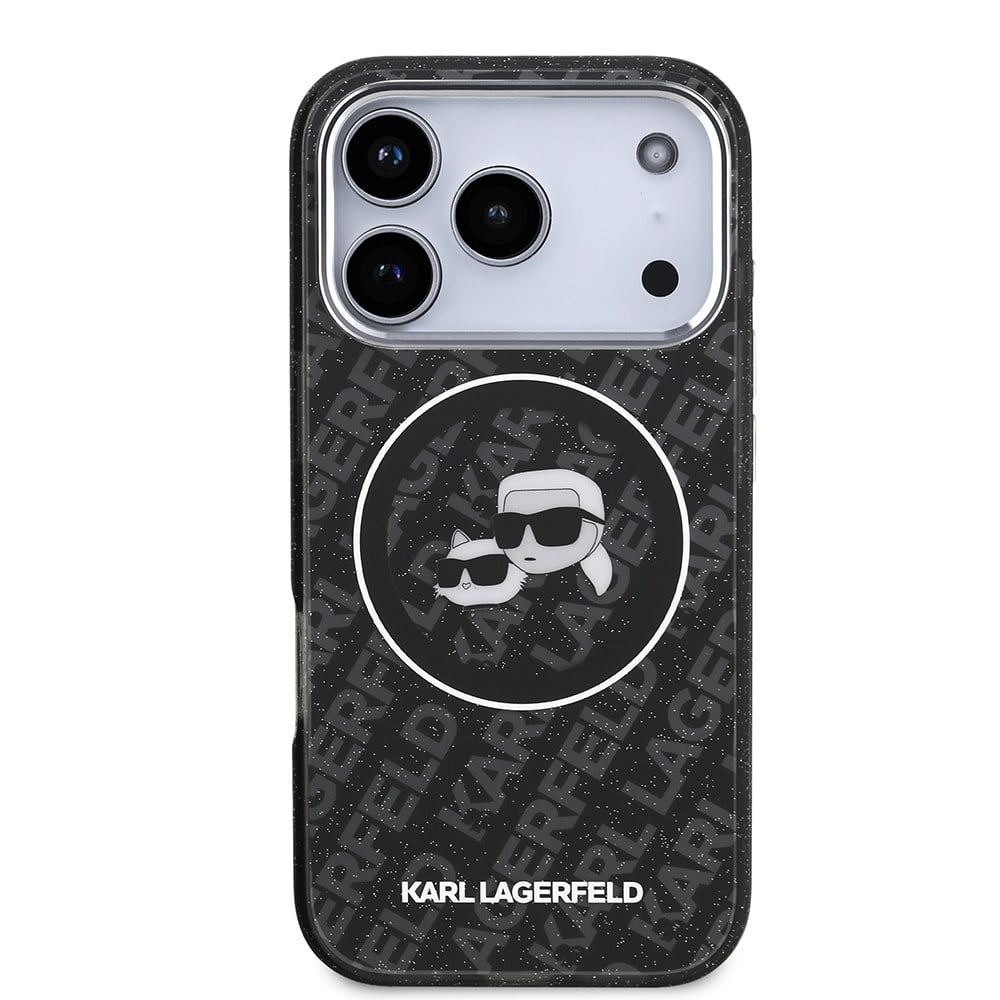 Apple iPhone 17 Pro Kılıf Karl Lagerfeld Orjinal Lisanslı Parlayan Simli Karl & Choupette Heads Kapak
