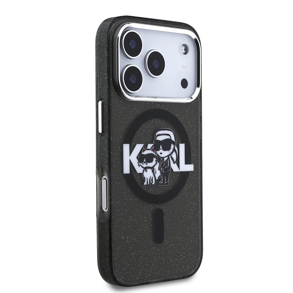 Apple iPhone 17 Pro Kılıf Karl Lagerfeld Orjinal Lisanslı Parlayan Simli Karl & Choupette Sketch Logo Kapak