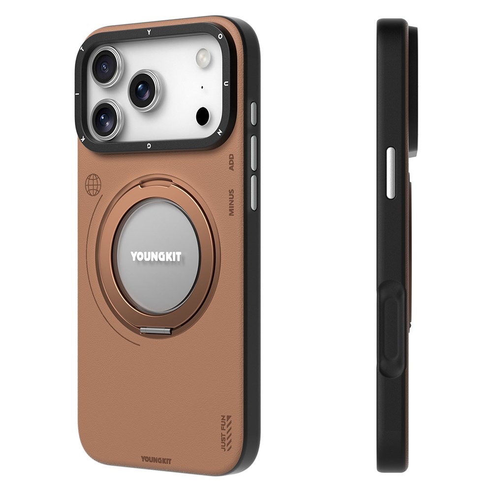 Apple iPhone 17 Pro Kılıf M-safe Şarj Özellikli 360 Derece Standlı Basit Mat Deri Desenli Youngkit Tech Leather Serisi Kapak