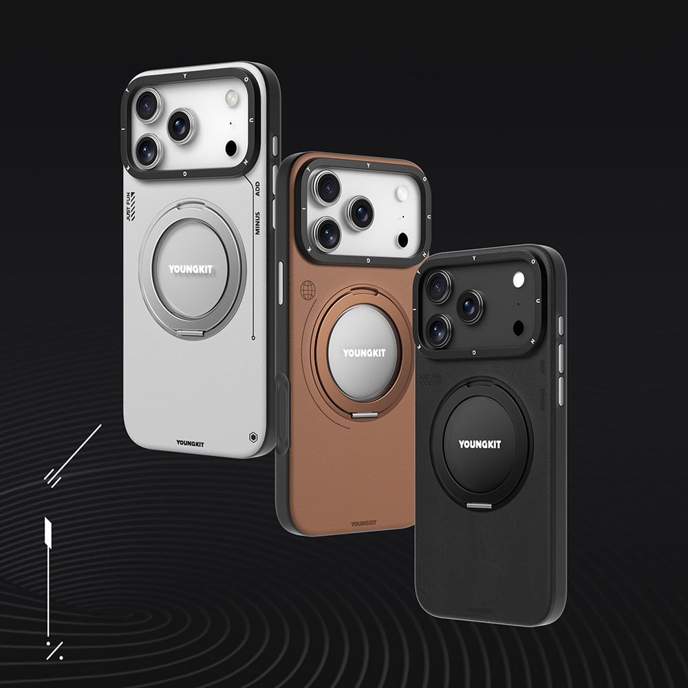 Apple iPhone 17 Pro Kılıf M-safe Şarj Özellikli 360 Derece Standlı Basit Mat Deri Desenli Youngkit Tech Leather Serisi Kapak
