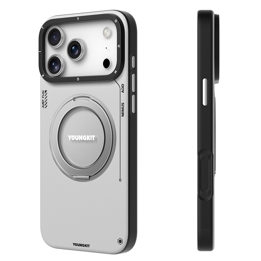 Apple iPhone 17 Pro Kılıf M-safe Şarj Özellikli 360 Derece Standlı Basit Mat Deri Desenli Youngkit Tech Leather Serisi Kapak