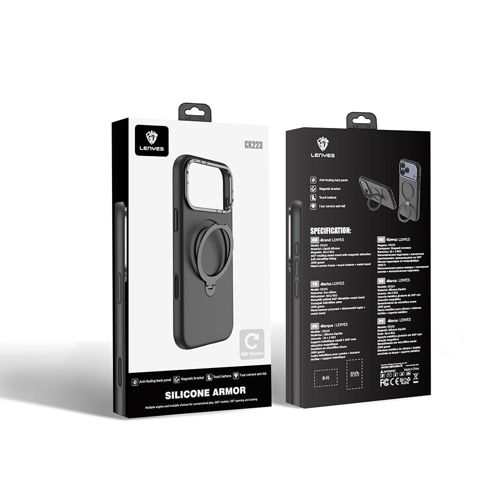 Apple iPhone 17 Pro Kılıf M-safe Şarj Özellikli Metal Standlı Sıvı Silikon Lenyes CK223 Kapak