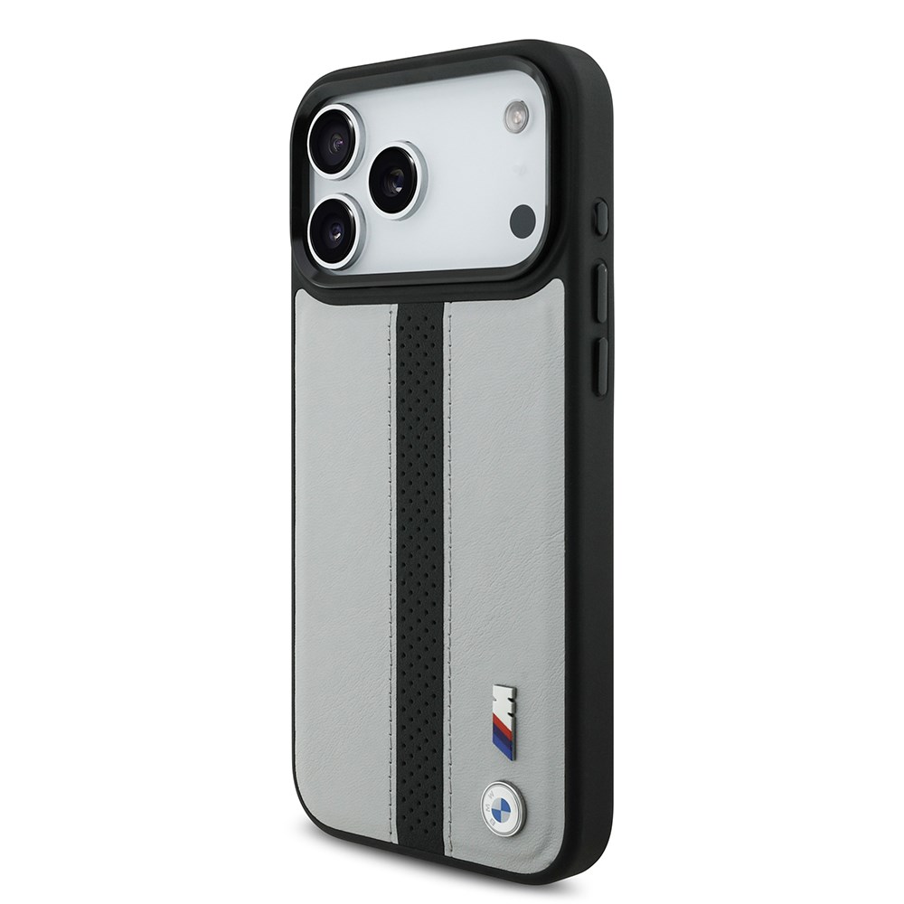 Apple iPhone 17 Pro Max Kılıf BMW Orjinal Lisanslı M-safe Şarj Özellikli Deri Arka Yüzey Metal Logolu Delikli Şerit Tasarımlı Kapak