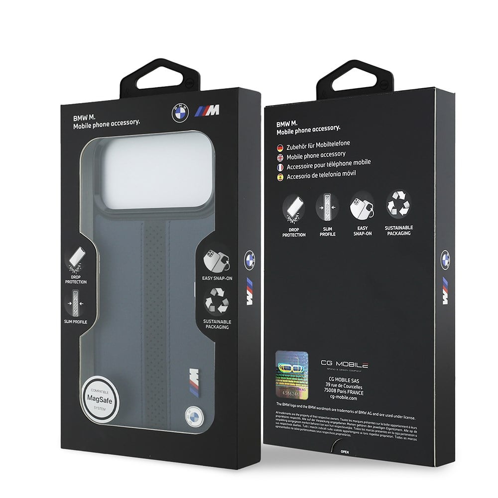 Apple iPhone 17 Pro Max Kılıf BMW Orjinal Lisanslı M-safe Şarj Özellikli Deri Arka Yüzey Metal Logolu Delikli Şerit Tasarımlı Kapak