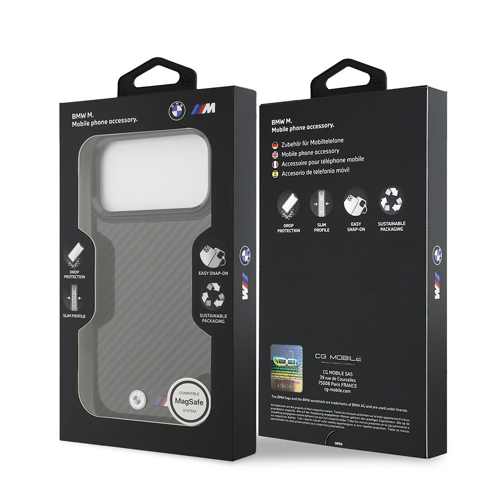 Apple iPhone 17 Pro Max Kılıf BMW Orjinal Lisanslı M-safe Şarj Özellikli Karbon Fiber Metal Logolu Kapak