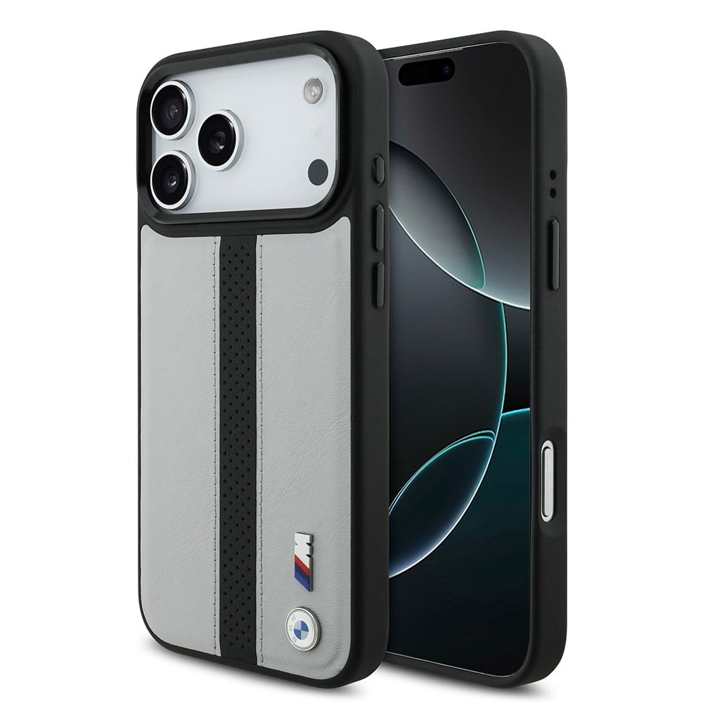 Apple iPhone 17 Pro Max Kılıf BMW Orjinal Lisanslı M-safe Şarj Özellikli Deri Arka Yüzey Metal Logolu Delikli Şerit Tasarımlı Kapak