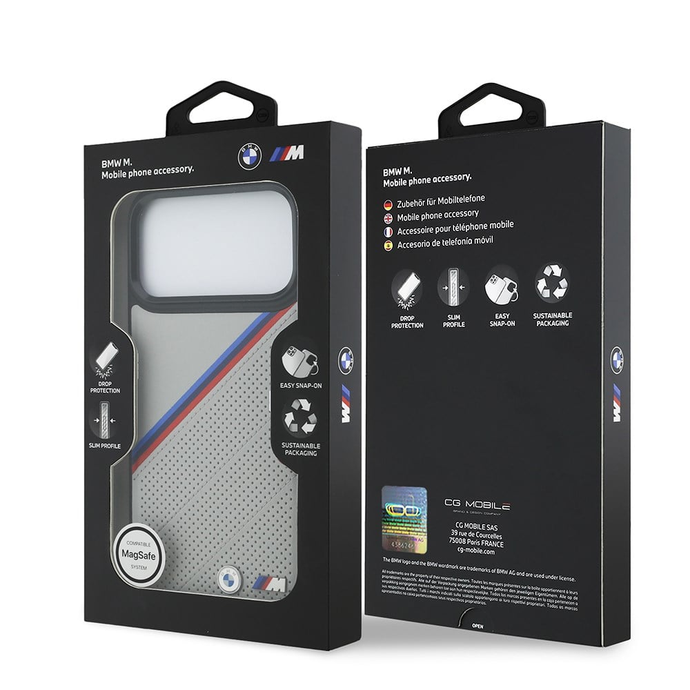 Apple iPhone 17 Pro Max Kılıf BMW Orjinal Lisanslı M-safe Şarj Özellikli M Logolu Üç Şeritli Delikli Deri Kapak