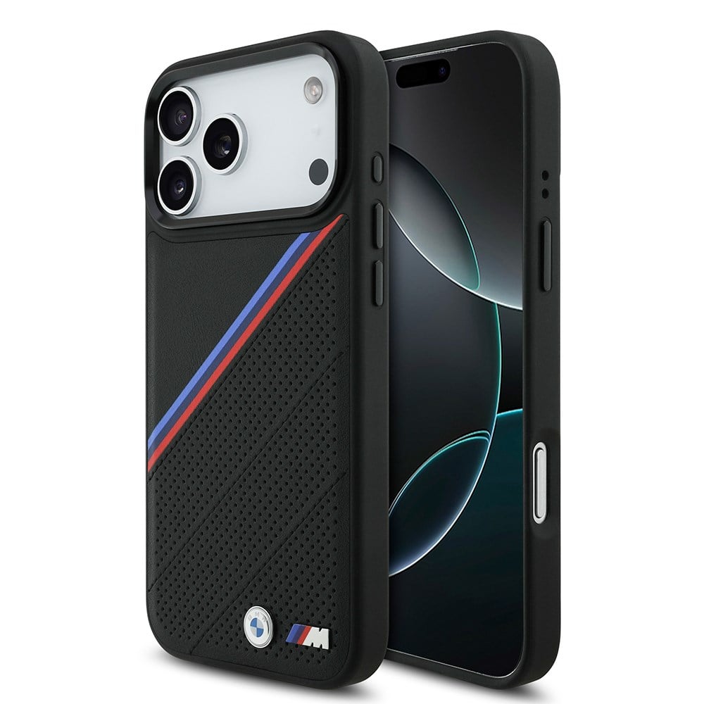 Apple iPhone 17 Pro Max Kılıf BMW Orjinal Lisanslı M-safe Şarj Özellikli M Logolu Üç Şeritli Delikli Deri Kapak