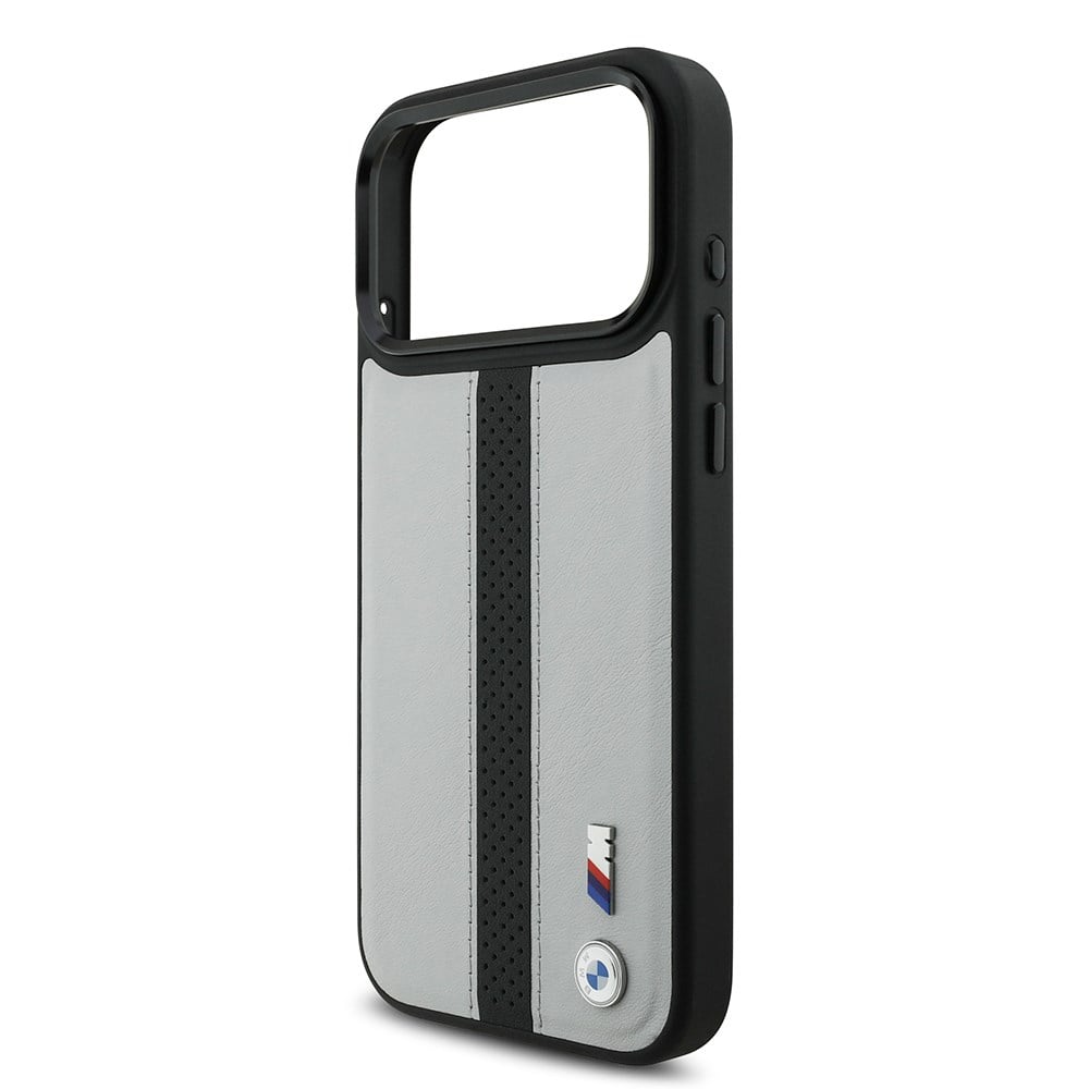 Apple iPhone 17 Pro Max Kılıf BMW Orjinal Lisanslı M-safe Şarj Özellikli Deri Arka Yüzey Metal Logolu Delikli Şerit Tasarımlı Kapak