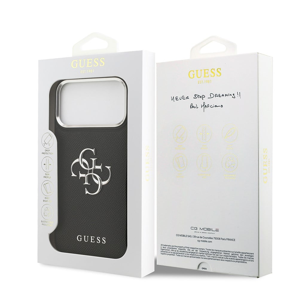 Apple iPhone 17 Pro Max Kılıf Guess Orjinal Lisanslı Metal Kamera Çerçeveli Metal Büyük 4G ve Yazı Logolu PU Deri Kapak