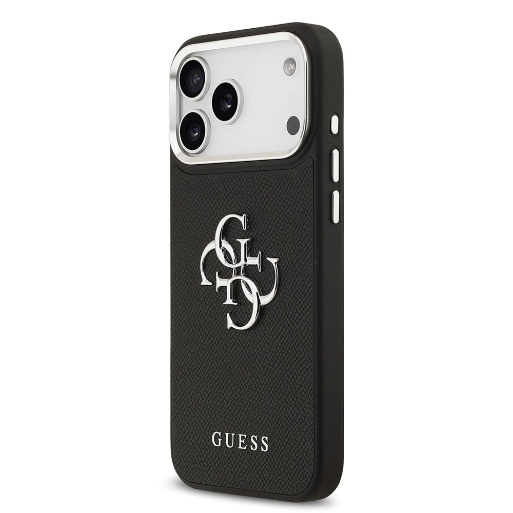 Apple iPhone 17 Pro Max Kılıf Guess Orjinal Lisanslı Metal Kamera Çerçeveli Metal Büyük 4G ve Yazı Logolu PU Deri Kapak