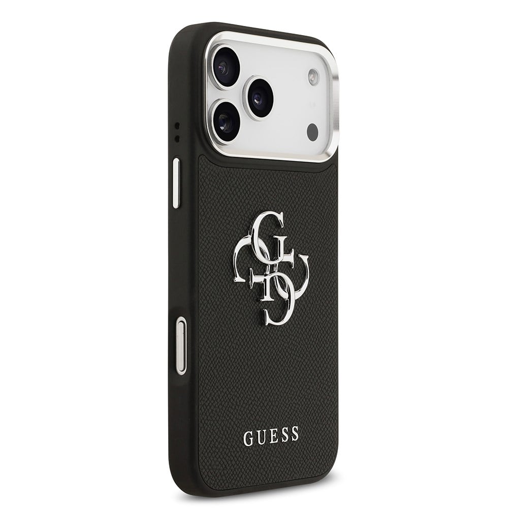 Apple iPhone 17 Pro Max Kılıf Guess Orjinal Lisanslı Metal Kamera Çerçeveli Metal Büyük 4G ve Yazı Logolu PU Deri Kapak