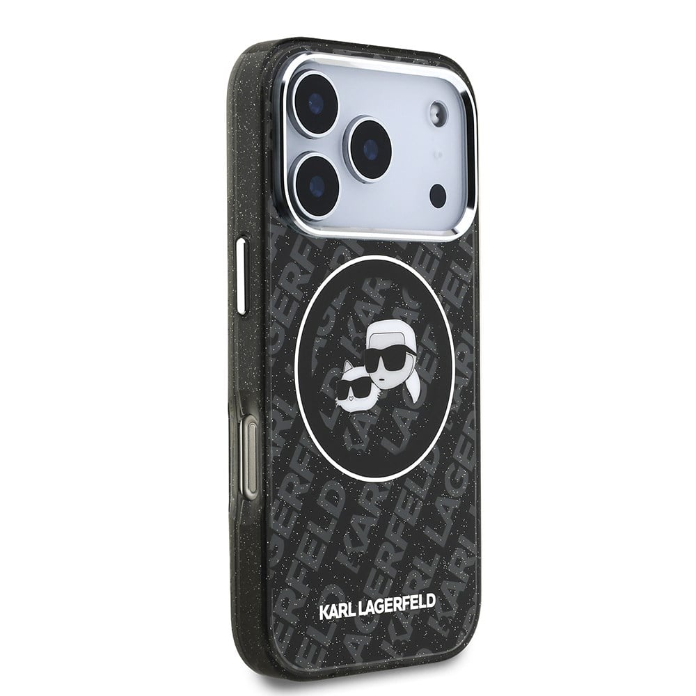 Apple iPhone 17 Pro Max Kılıf Karl Lagerfeld Orjinal Lisanslı Parlayan Simli Karl & Choupette Heads Kapak