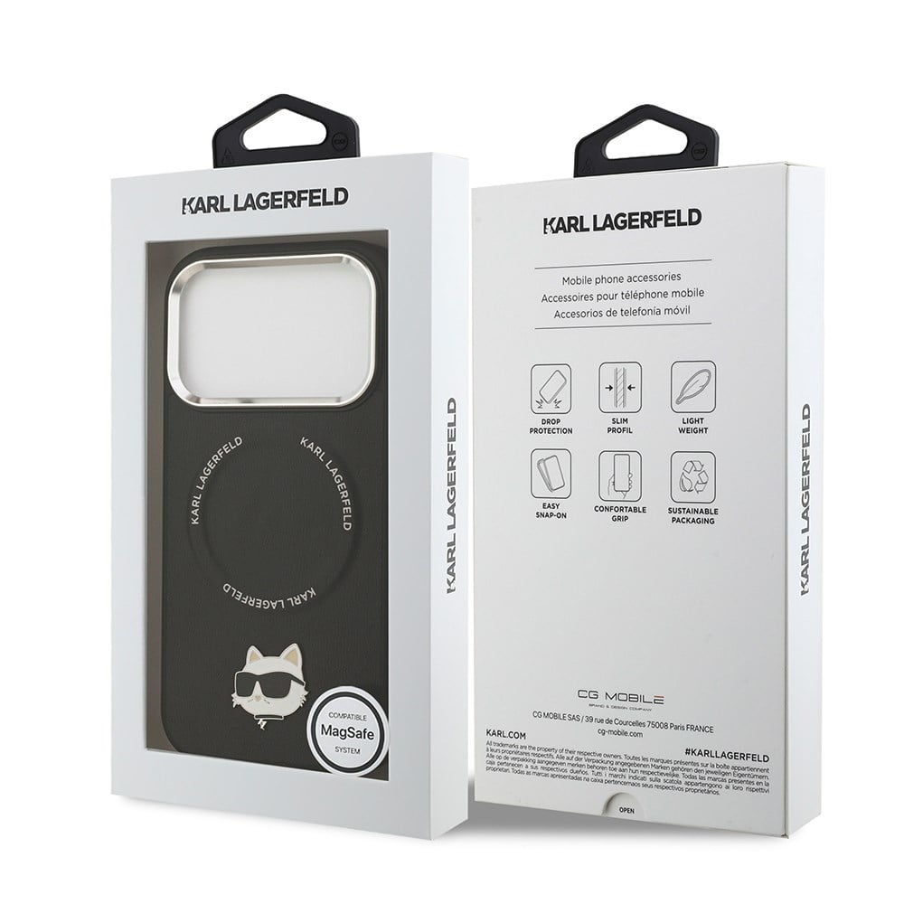 Apple iPhone 17 Pro Max Kılıf Karl Lagerfeld Orjinal Lisanslı M-safe Şarj Özellikli Metal Kamera ve Buton Tasarımlı Choupette PU Deri Kapak