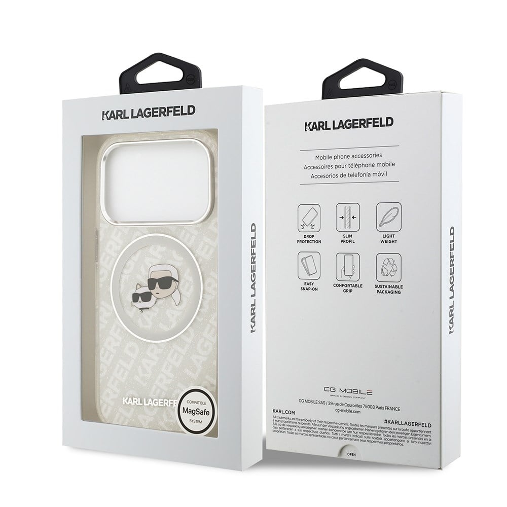 Apple iPhone 17 Pro Max Kılıf Karl Lagerfeld Orjinal Lisanslı Parlayan Simli Karl & Choupette Heads Kapak