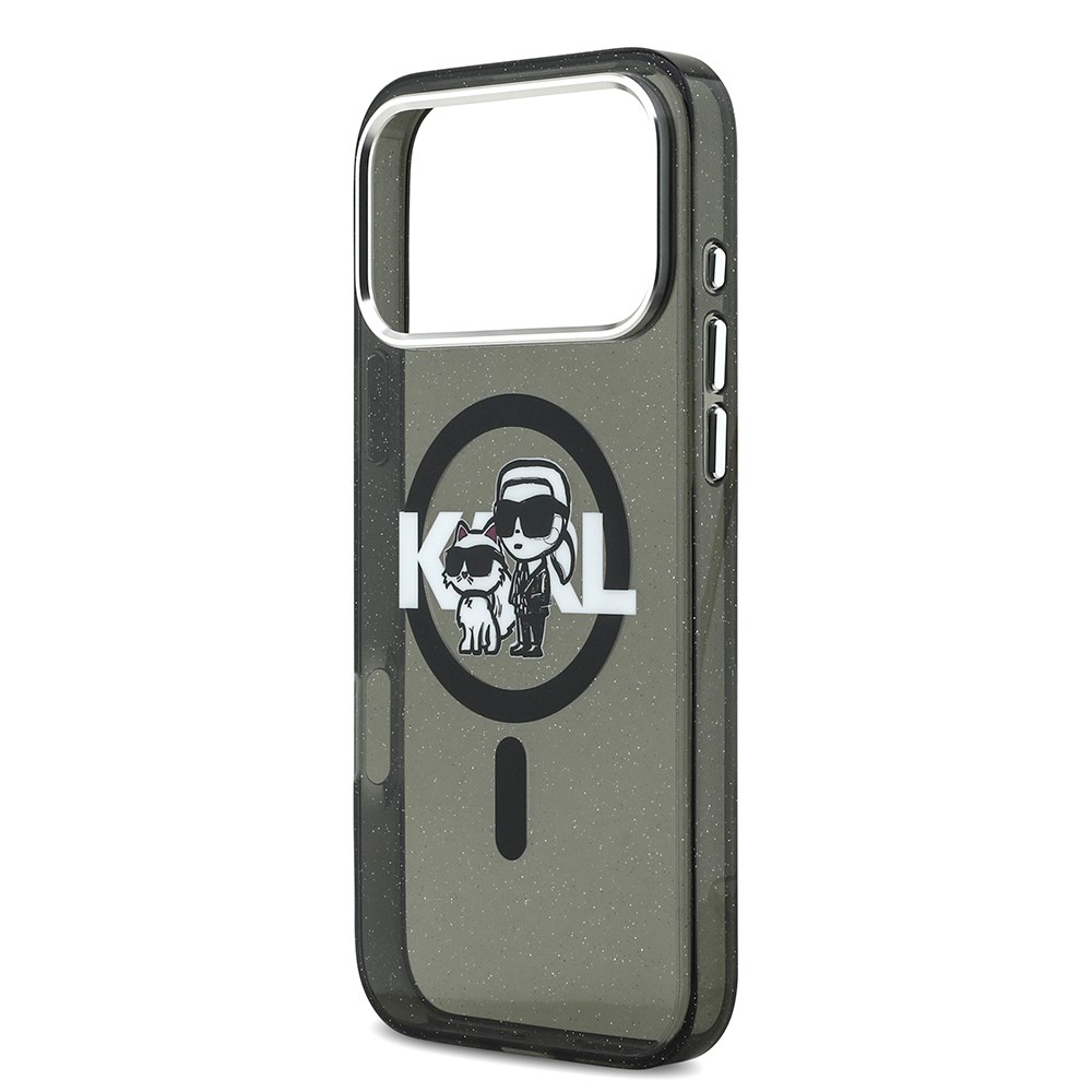 Apple iPhone 17 Pro Max Kılıf Karl Lagerfeld Orjinal Lisanslı Parlayan Simli Karl & Choupette Sketch Logo Kapak