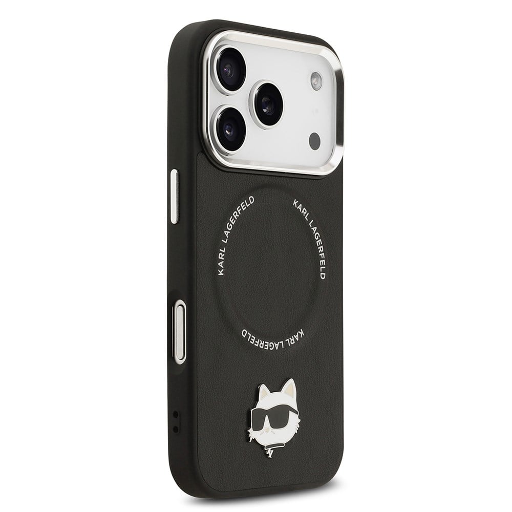 Apple iPhone 17 Pro Max Kılıf Karl Lagerfeld Orjinal Lisanslı M-safe Şarj Özellikli Metal Kamera ve Buton Tasarımlı Choupette PU Deri Kapak
