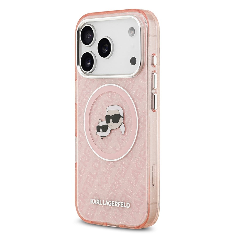Apple iPhone 17 Pro Max Kılıf Karl Lagerfeld Orjinal Lisanslı Parlayan Simli Karl & Choupette Heads Kapak
