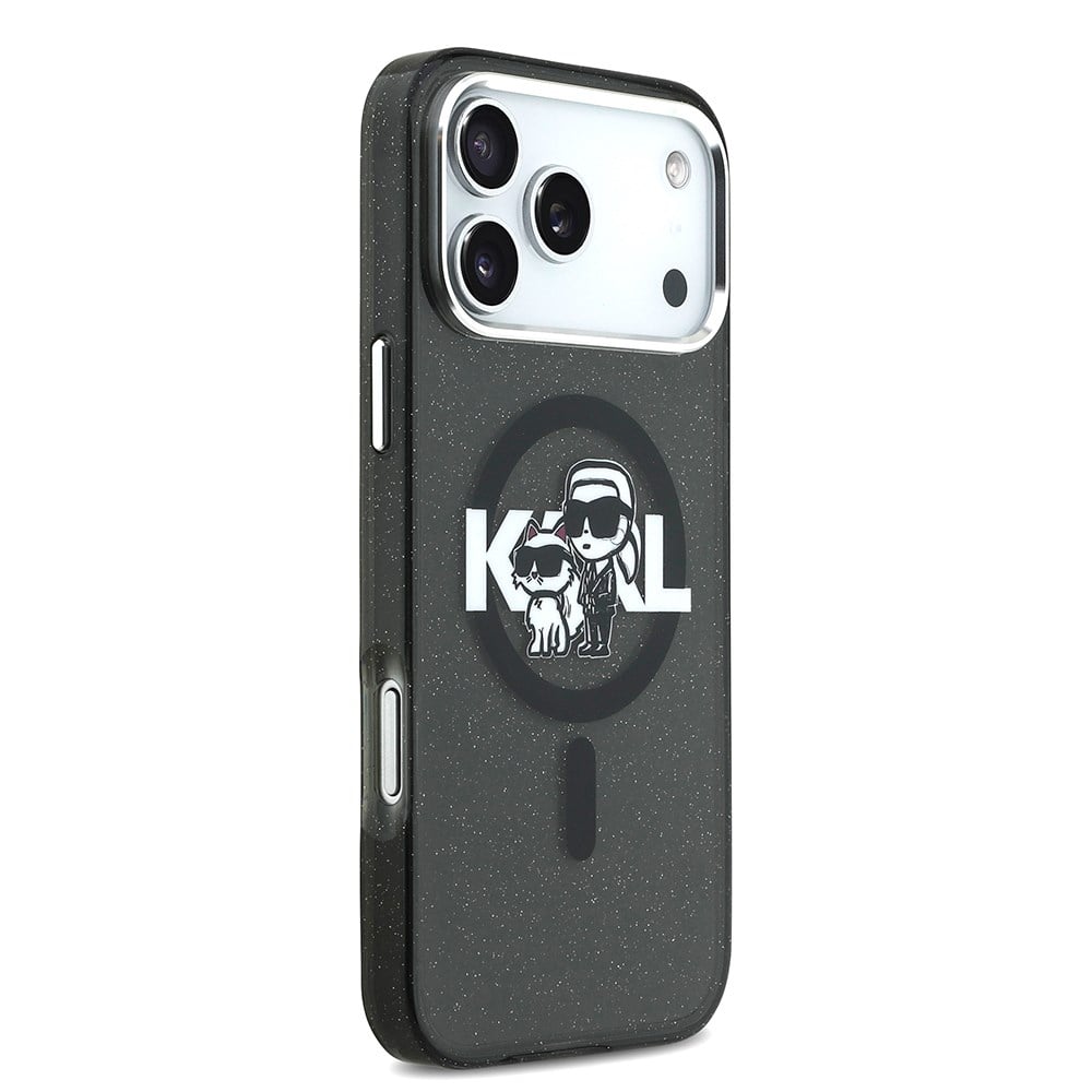 Apple iPhone 17 Pro Max Kılıf Karl Lagerfeld Orjinal Lisanslı Parlayan Simli Karl & Choupette Sketch Logo Kapak