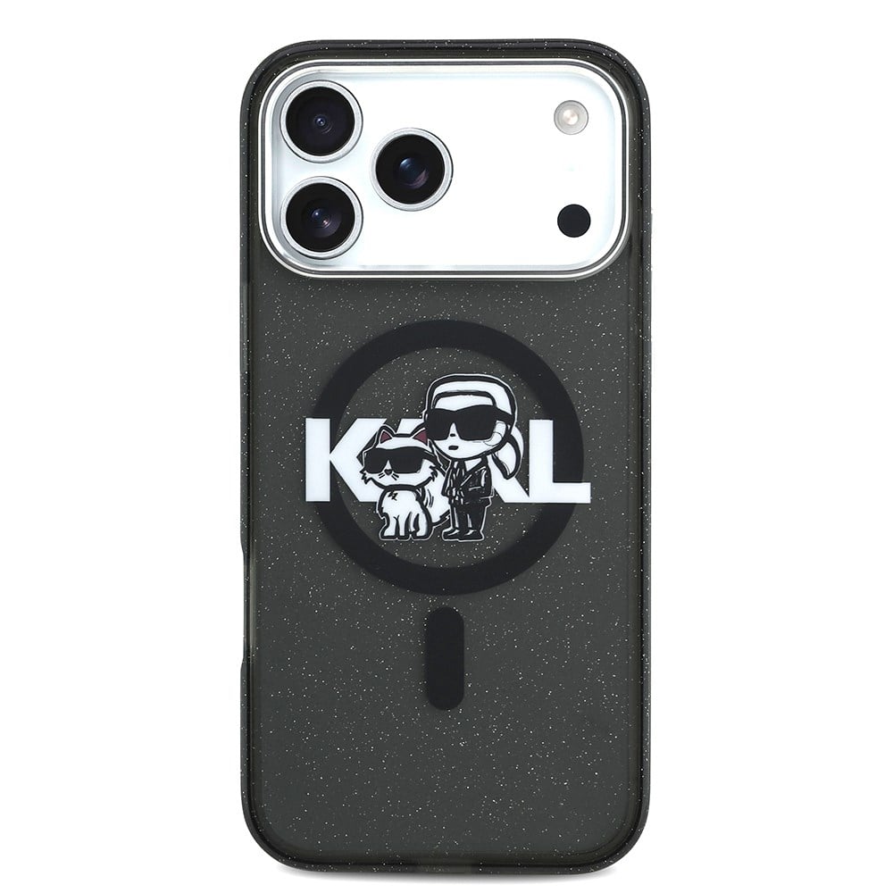 Apple iPhone 17 Pro Max Kılıf Karl Lagerfeld Orjinal Lisanslı Parlayan Simli Karl & Choupette Sketch Logo Kapak